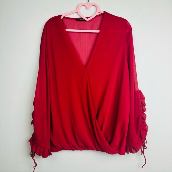 Zara Basic Red Wrap Ruffled Sleeve Blouse Size Large - Picture 2 of 9